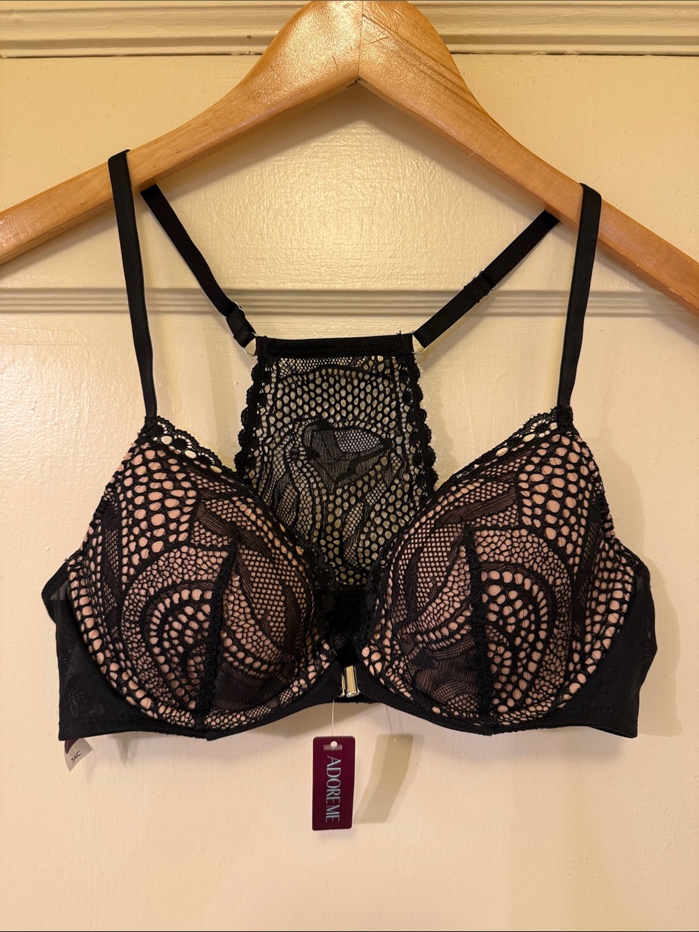 Adore Me Selina Contour Racerback Black Lace Bra with Nude Underlay